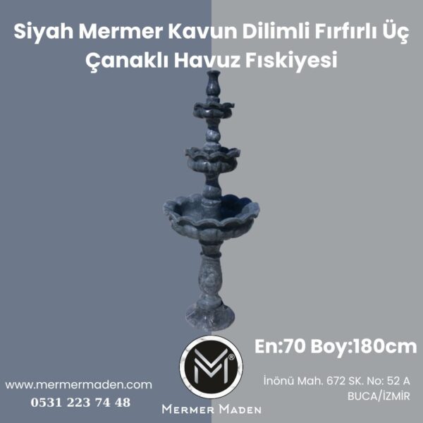 Siyah Mermer Kavun Dilimli Fırfırlı Üç Çanaklı Havuz Fıskiyesi