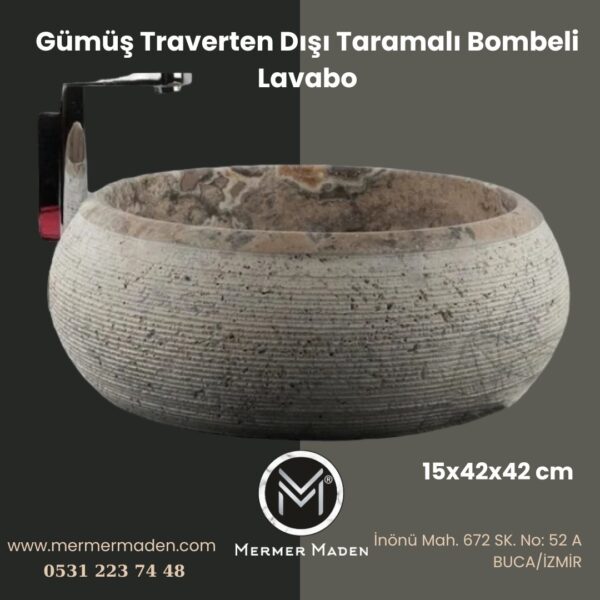 Gümüş Traverten Dışı Taramalı Bombeli Lavabo | Modern ve Şık Doğal Taş Lavabo