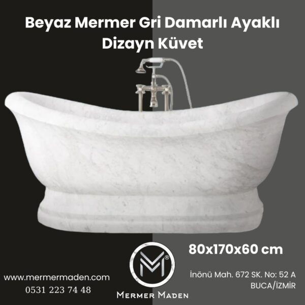 Beyaz Mermer Gri Damarlı Ayaklı Dizayn Küvet