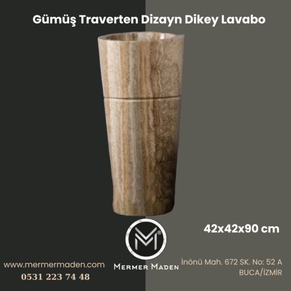 Gümüş Traverten Dizayn Dikey Lavabo | Modern ve Şık Doğal Taş Lavabo