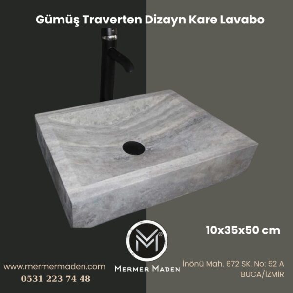 Gümüş Traverten Dizayn Kare Lavabo | Modern ve Şık Doğal Taş Lavabo