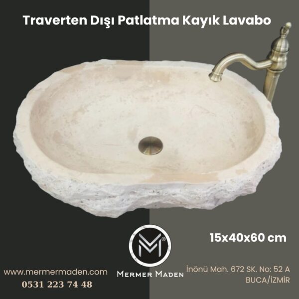 Traverten Dışı Patlatma Kayık Lavabo | Modern ve Şık Doğal Taş Lavabo