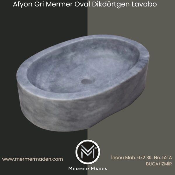 Afyon Gri Mermer Oval Dikdörtgen Lavabo | Modern ve Şık Doğal Taş Lavabo
