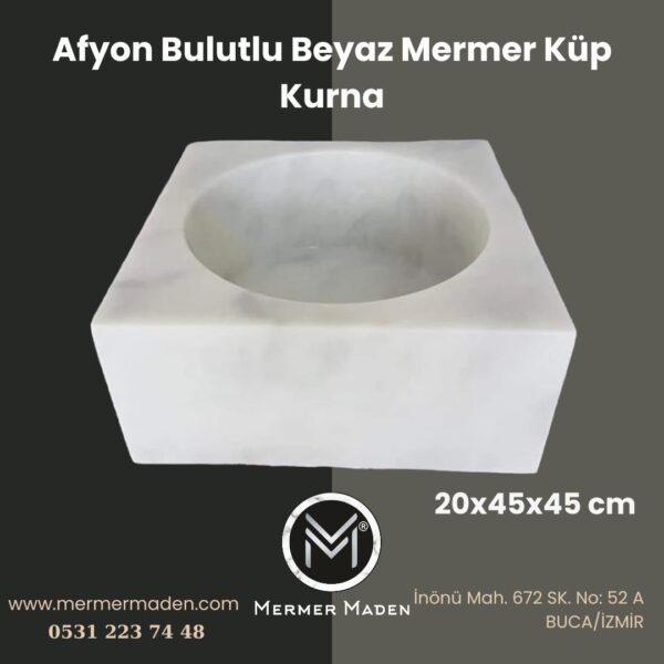 Afyon Bulutlu Beyaz Mermer Küp Kurna | Doğal Taş Hamam Kurnası