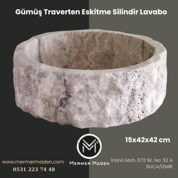 Gümüş Traverten Eskitme Silindir Lavabo | Modern ve Şık Doğal Taş Lavabo
