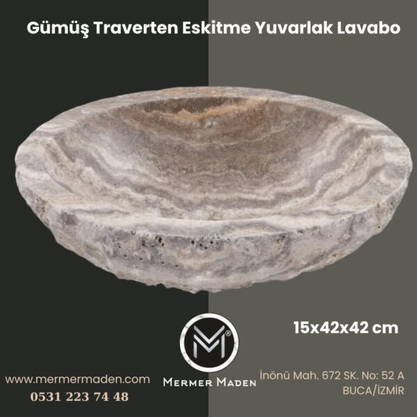 Gümüş Traverten Eskitme Yuvarlak Lavabo | Modern ve Şık Doğal Taş Lavabo