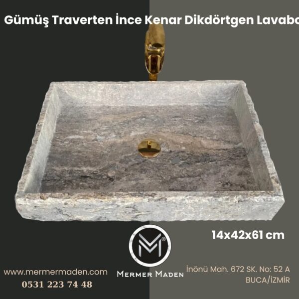 Gümüş Traverten İnce Kenar Dikdörtgen Lavabo | Modern ve Şık Doğal Taş Lavabo