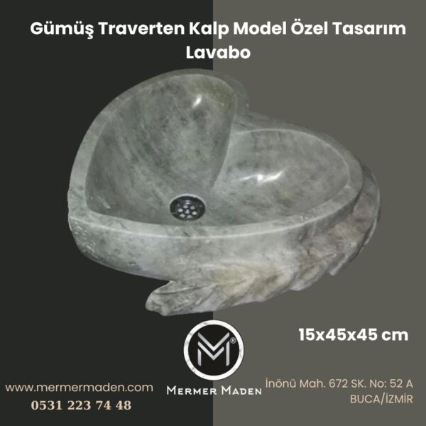 Gümüş Traverten Kalp Model Özel Tasarım Lavabo | Modern ve Şık Doğal Taş Lavabo