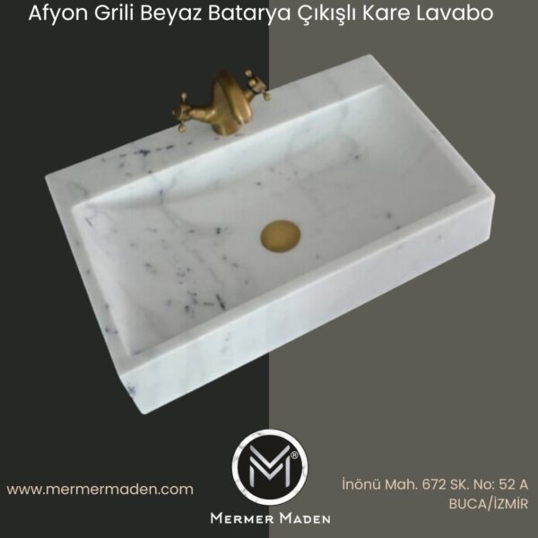 Afyon Grili Beyaz Batarya Çıkışlı Kare Lavabo | Modern ve Şık Doğal Taş Lavabo