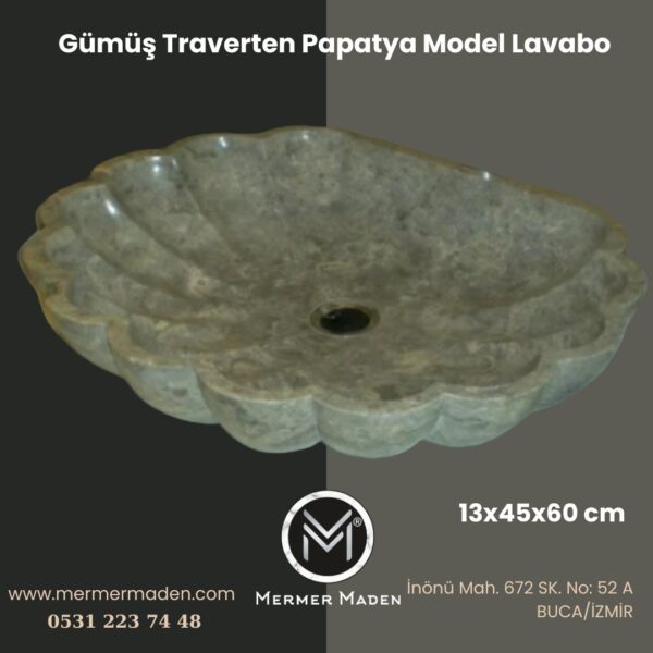 Gümüş Traverten Papatya Model Lavabo | Modern ve Şık Doğal Taş Lavabo
