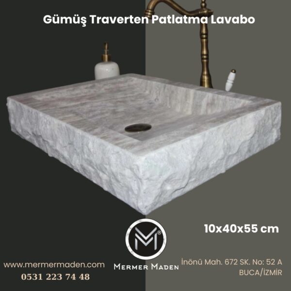 Gümüş Traverten Patlatma Lavabo | Modern ve Şık Doğal Taş Lavabo