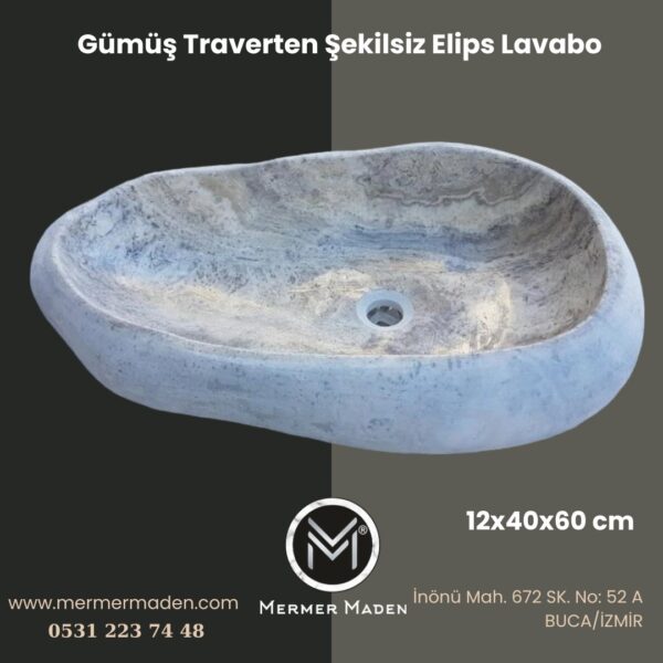 Gümüş Traverten Şekilsiz Elips Lavabo | Modern ve Şık Doğal Taş Lavabo