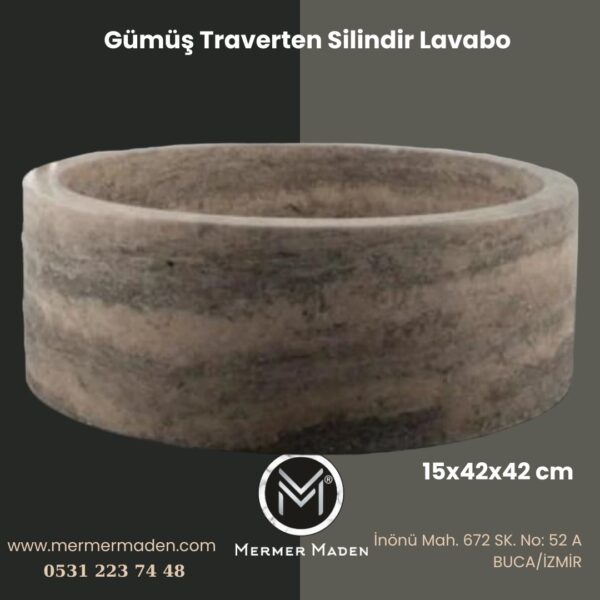 Gümüş Traverten Silindir Lavabo | Modern ve Şık Doğal Taş Lavabo