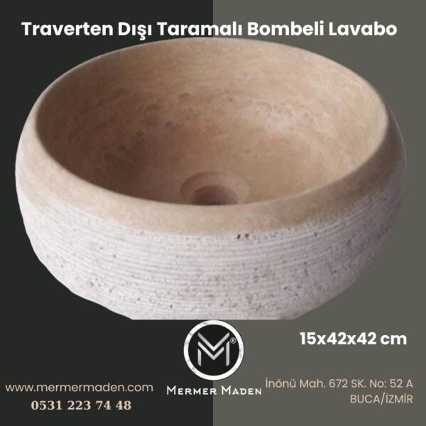 Traverten Dışı Taramalı Bombeli Lavabo | Modern ve Şık Doğal Taş Lavabo