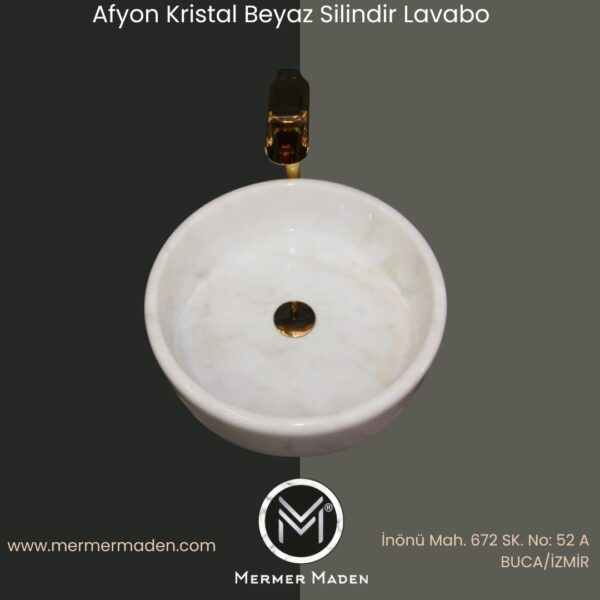 Afyon Kristal Beyaz Silindir Lavabo | Modern ve Şık Doğal Taş Lavabo