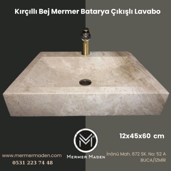 Kırçıllı Bej Mermer Batarya Çıkışlı Lavabo | Modern ve Şık Doğal Taş Lavabo