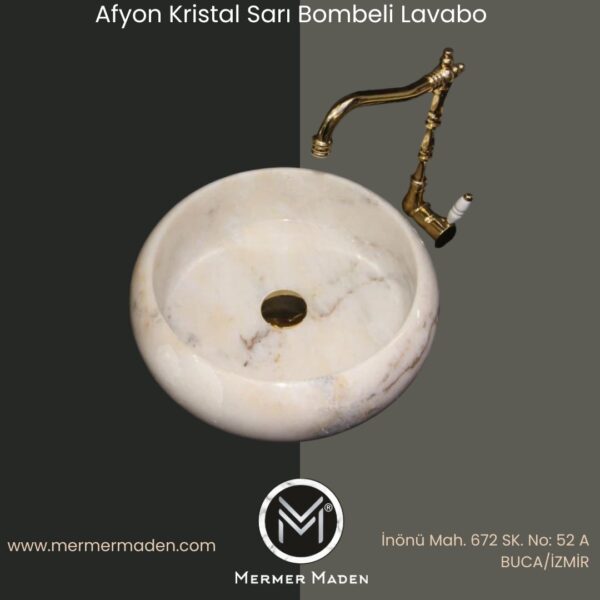 Afyon Kristal Sarı Bombeli Lavabo | Modern ve Şık Doğal Taş Lavabo
