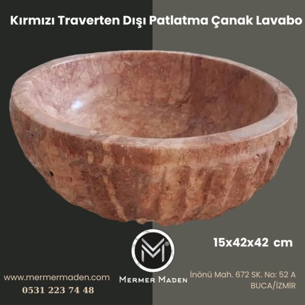 Kırmızı Traverten Dışı Patlatma Çanak Lavabo | Modern ve Şık Doğal Taş Lavabo
