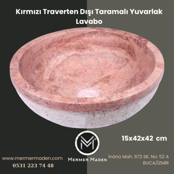 Kırmızı Traverten Dışı Taramalı Yuvarlak Lavabo | Modern ve Şık Doğal Taş Lavabo