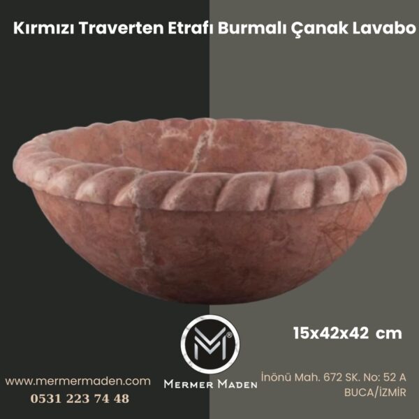 Kırmızı Traverten Etrafı Burmalı Çanak Lavabo | Modern ve Şık Doğal Taş Lavabo