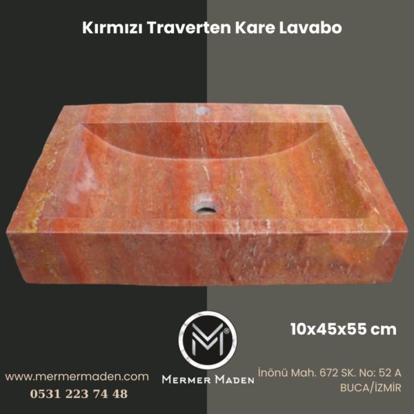 Kırmızı Traverten Kare Lavabo | Modern ve Şık Doğal Taş Lavabo