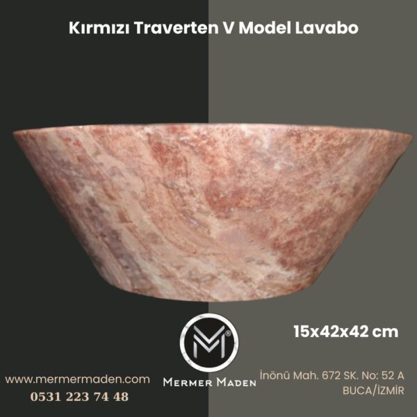 Kırmızı Traverten V Model Lavabo | Modern ve Şık Doğal Taş Lavabo