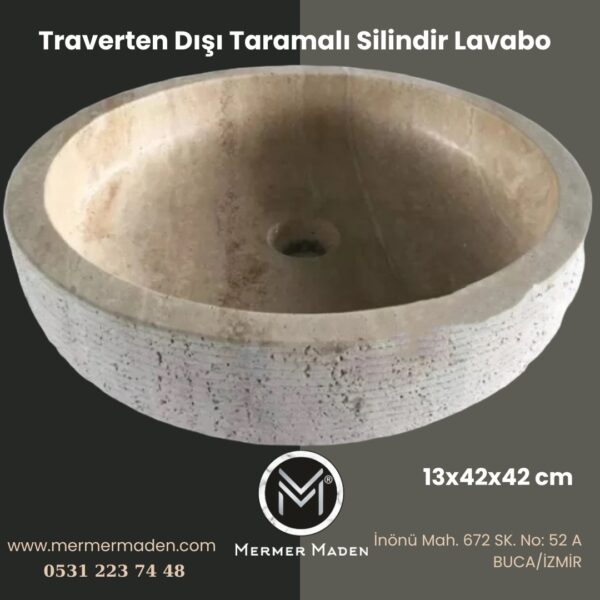 Traverten Dışı Taramalı Silindir Lavabo | Modern ve Şık Doğal Taş Lavabo