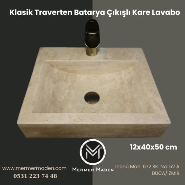 Klasik Traverten Batarya Çıkışlı Kare Lavabo | Modern ve Şık Doğal Taş Lavabo