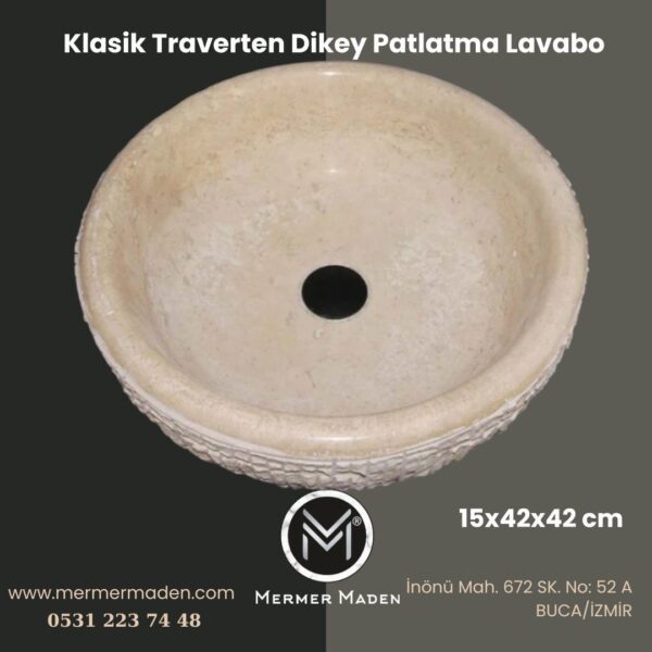 Klasik Traverten Dikey Patlatma Lavabo | Modern ve Şık Doğal Taş Lavabo