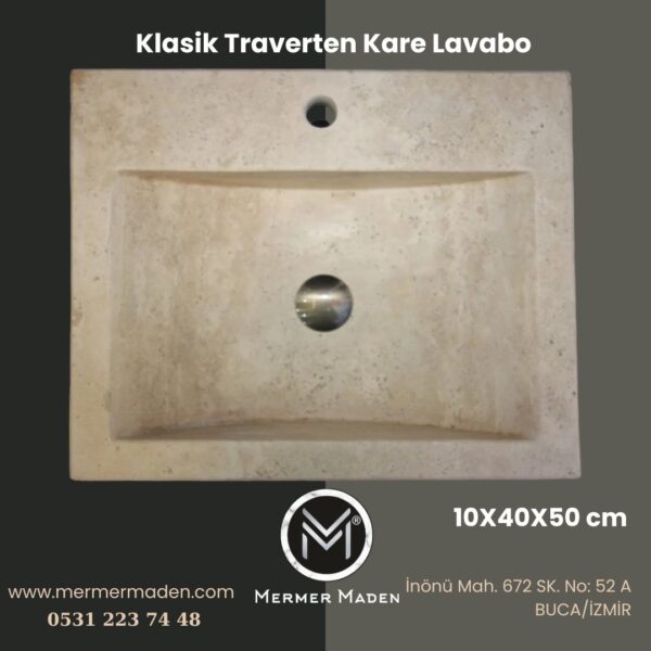 Klasik Traverten Kare Lavabo | Modern ve Şık Doğal Taş Lavabo
