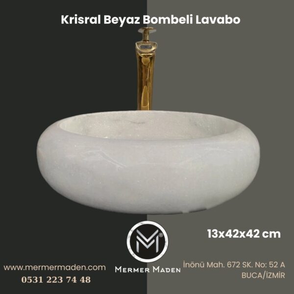 Kristal Beyaz Bombeli Lavabo | Modern ve Şık Doğal Taş Lavabo