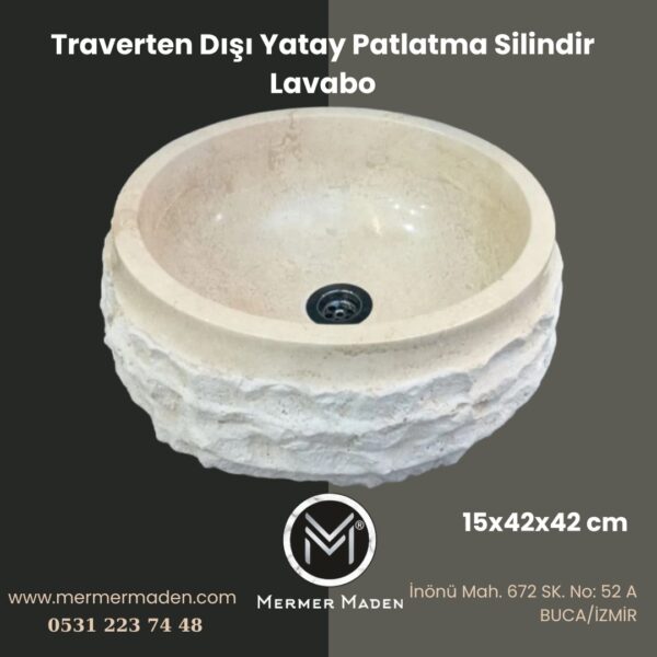 Traverten Dışı Yatay Patlatma Silindir Lavabo | Modern ve Şık Doğal Taş Lavabo