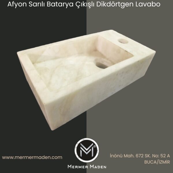 Afyon Sarılı Beyaz Mermer Yandan Batarya Çıkışlı Kare Lavabo | Modern ve Şık Doğal Taş Lavabo