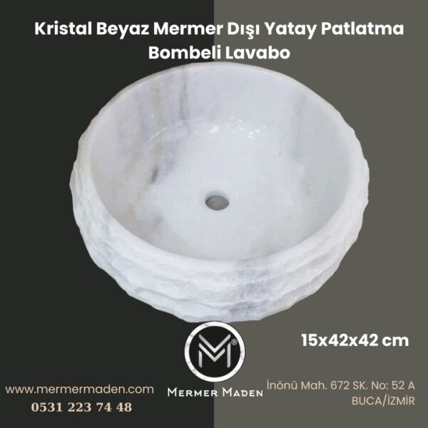 Kristal Beyaz Mermer Dışı Yatay Patlatma Bombeli Lavabo | Modern ve Şık Doğal Taş Lavabo