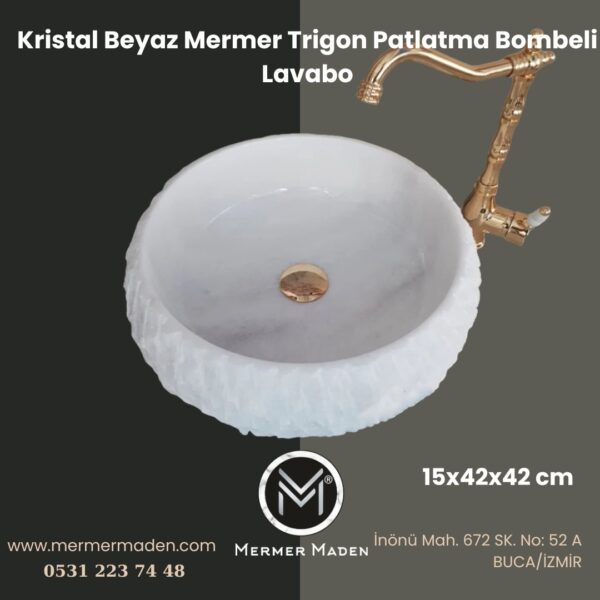 Kristal Beyaz Mermer Trigon Patlatma Bombeli Lavabo | Modern ve Şık Doğal Taş Lavabo