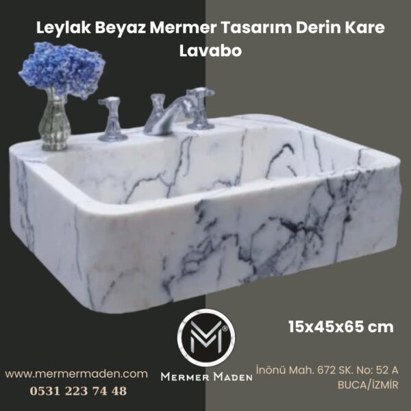 Leylak Beyaz Mermer Tasarım Derin Kare Lavabo | Modern ve Şık Doğal Taş Lavabo