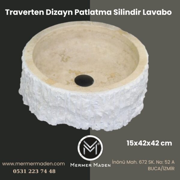 Traverten Dizayn Patlatma Silindir Lavabo | Modern ve Şık Doğal Taş Lavabo