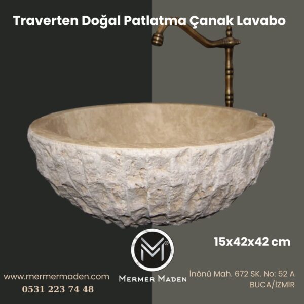 Traverten Doğal Patlatma Çanak Lavabo | Modern ve Şık Doğal Taş Lavabo