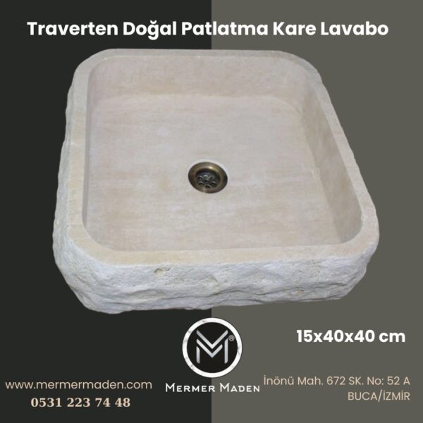 Traverten Doğal Patlatma Kare Lavabo | Modern ve Şık Doğal Taş Lavabo