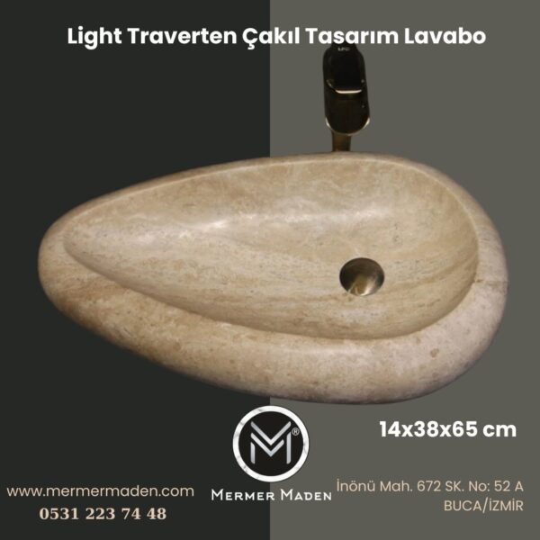 Light Traverten Çakıl Tasarım Lavabo | Modern ve Şık Doğal Taş Lavabo