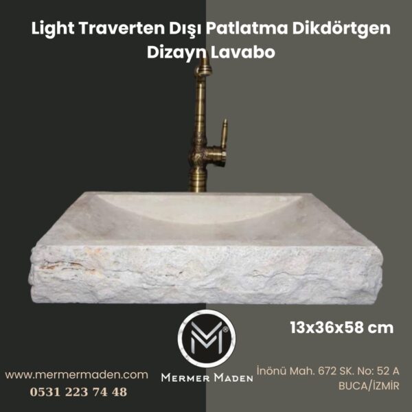 Light Traverten Dışı Patlatma Dikdörtgen Dizayn Lavabo | Modern ve Şık Doğal Taş Lavabo