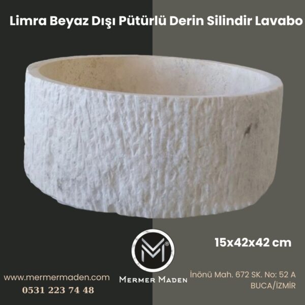 Limra Beyaz Dışı Pütürlü Derin Silindir Lavabo | Modern ve Şık Doğal Taş Lavabo