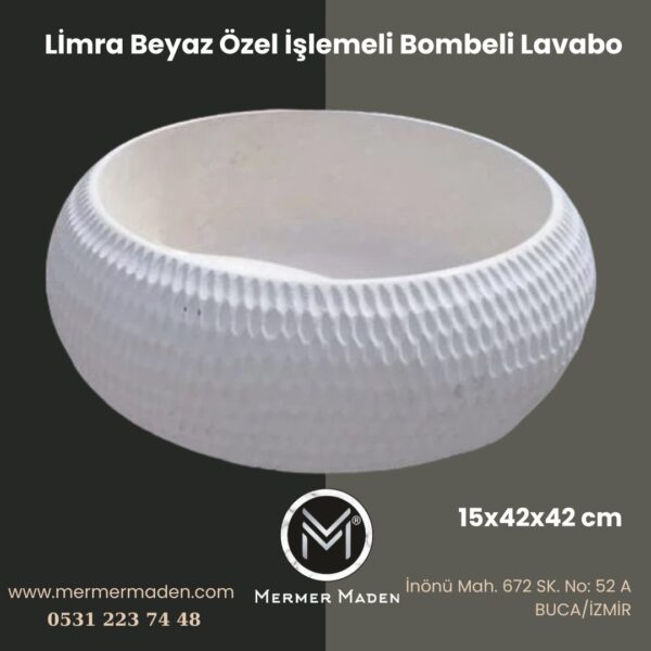 Limra Beyaz Özel İşlemeli Bombeli Lavabo | Modern ve Şık Doğal Taş Lavabo