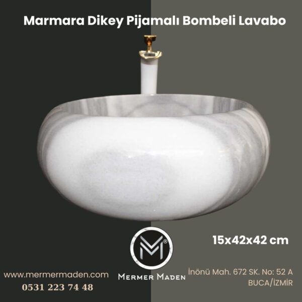 Marmara Dikey Pijamalı Bombeli Lavabo | Modern ve Şık Doğal Taş Lavabo