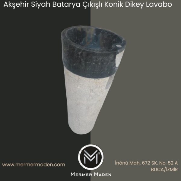 Akşehir Siyah Batarya Çıkışlı Konik Dikey Lavabo | Modern ve Şık Doğal Taş Lavabo