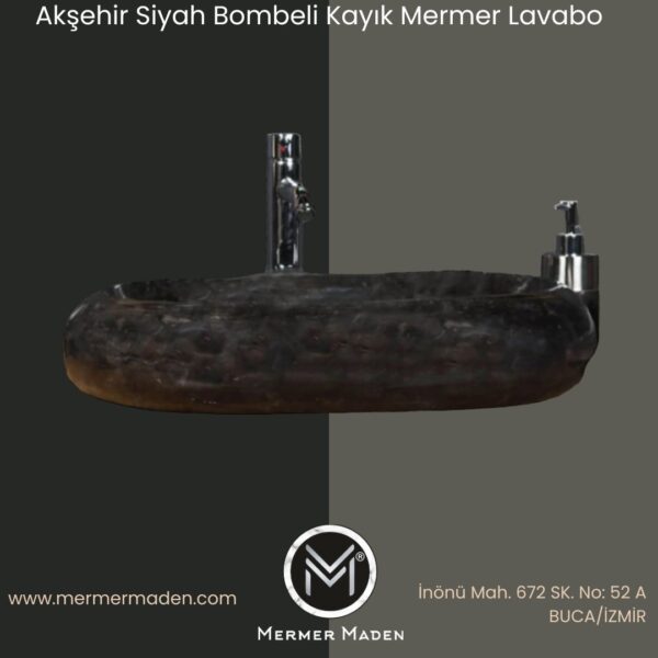 Akşehir Siyah Bombeli Kayık Mermer Lavabo | Modern ve Şık Doğal Taş Lavabo