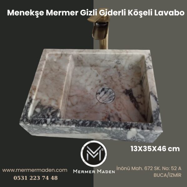 Menekşe Mermer Gizli Giderli Köşeli Lavabo | Modern ve Şık Doğal Taş Lavabo