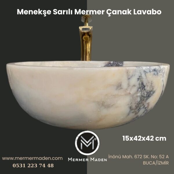 Menekşe Sarılı Mermer Çanak Lavabo | Modern ve Şık Doğal Taş Lavabo