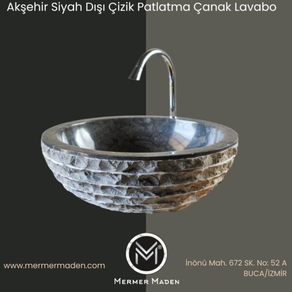Akşehir Siyah Dışı Çizik Patlatma Çanak Lavabo | Modern ve Şık Doğal Taş Lavabo