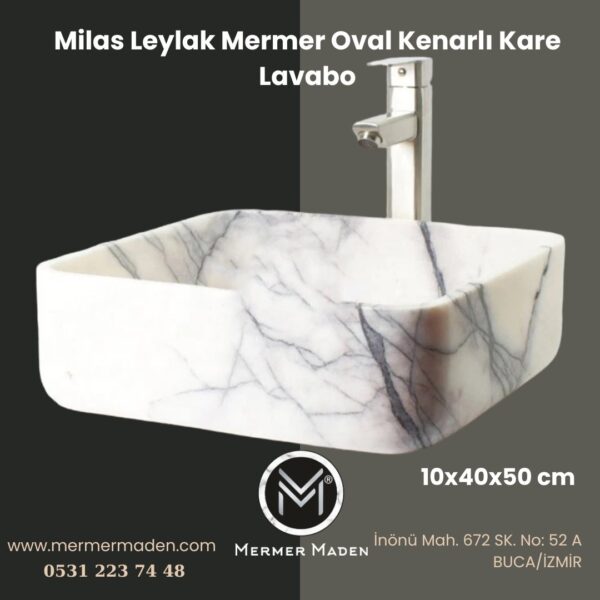 Milas Leylak Mermer Oval Kenarlı Kare Lavabo | Modern ve Şık Doğal Taş Lavabo